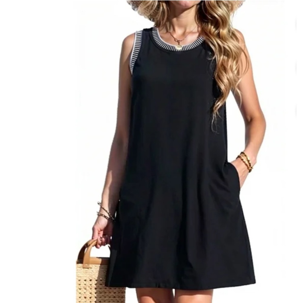 NEW Merokeety Black Sleeveless Dress with Striped Neckline Womens Size XL